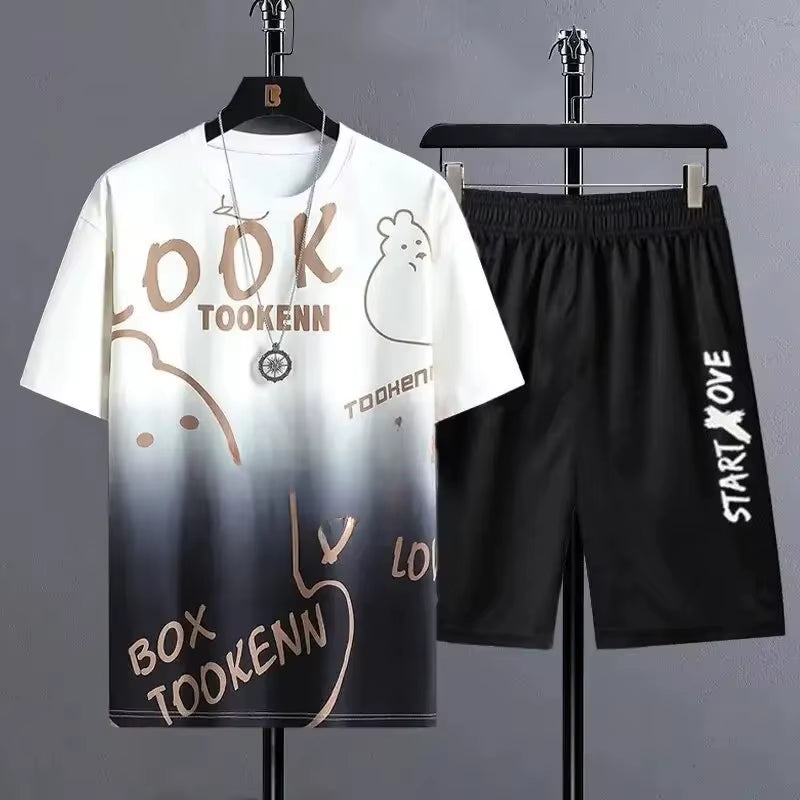 Summer Lightweight Ice Silk Gradient Set Men'S Short Sleeve T-Shirt Casual Shorts Sport Two-Piece Set Stylish Men'S Wear